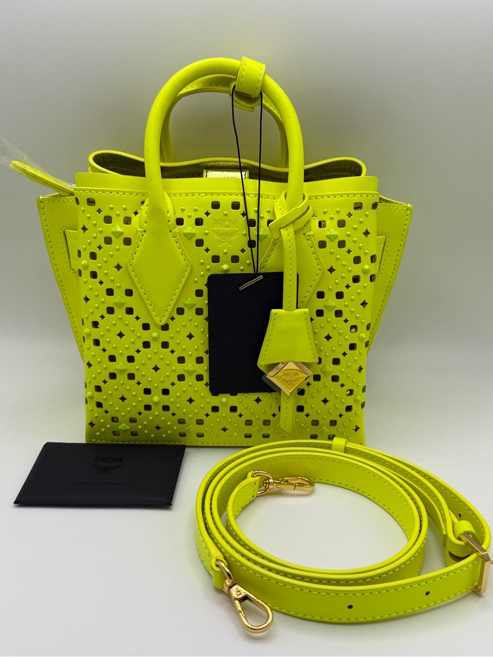 MCM Perforated Calfskin Studded Mini Milla Tote Neon Yellow